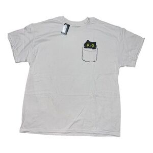 Hot Topic White T-Shirt with Black Cat Pocket Design